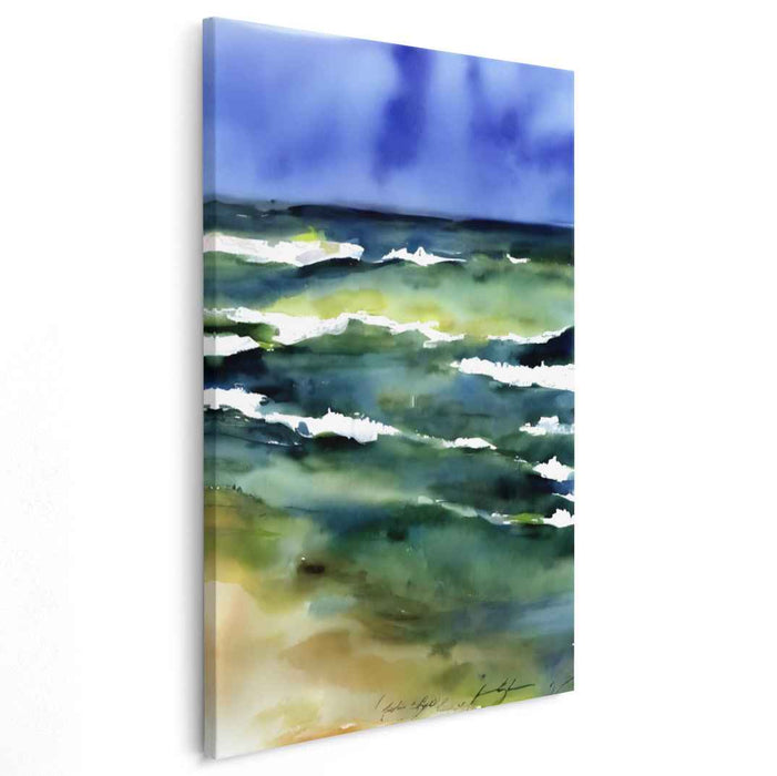 Tempestuous Aqua Skies: Watercolor Seascape with Dramatic Sky