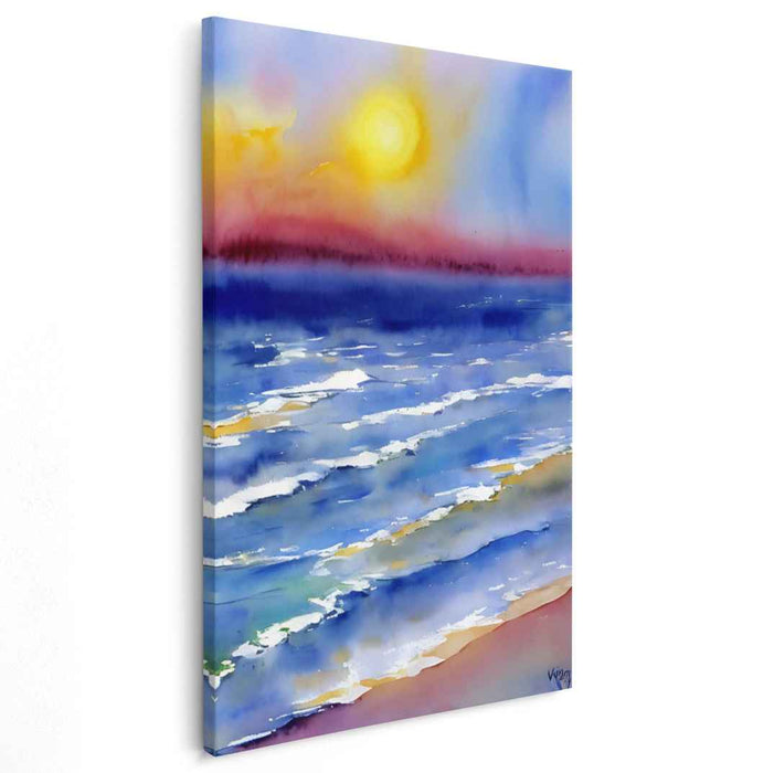 Luminescent Horizon Dance: Watercolor Seascape with Radiant Sun Canvas Art