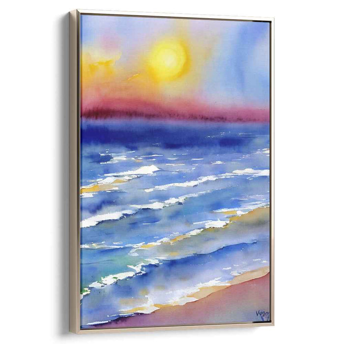 Luminescent Horizon Dance: Watercolor Seascape with Radiant Sun Canvas Art