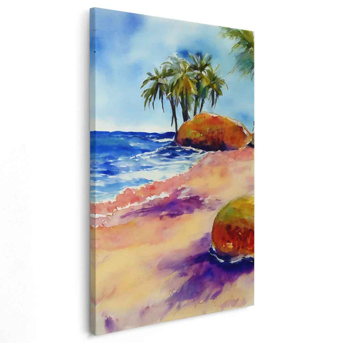 Tropical Tide Dreams: Watercolor Beachscape with Palms Canvas Art