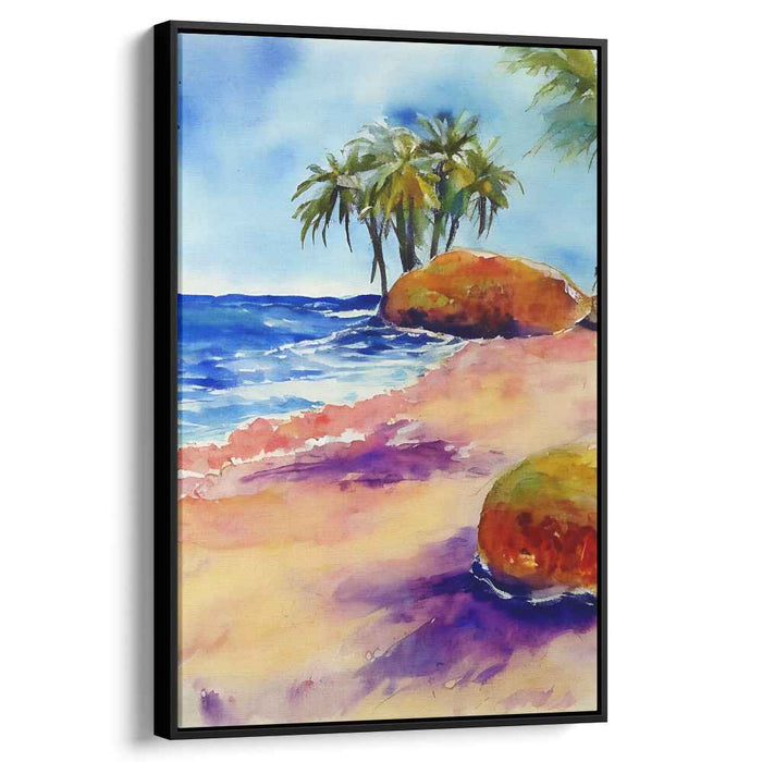Tropical Tide Dreams: Watercolor Beachscape with Palms Canvas Art