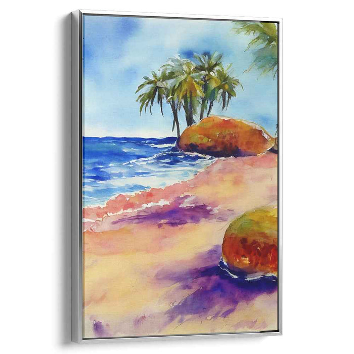 Tropical Tide Dreams: Watercolor Beachscape with Palms Canvas Art