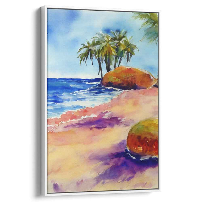 Tropical Tide Dreams: Watercolor Beachscape with Palms Canvas Art