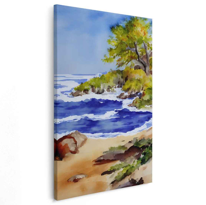 Aquamarine Shores: Watercolor Beach and Sea Landscape