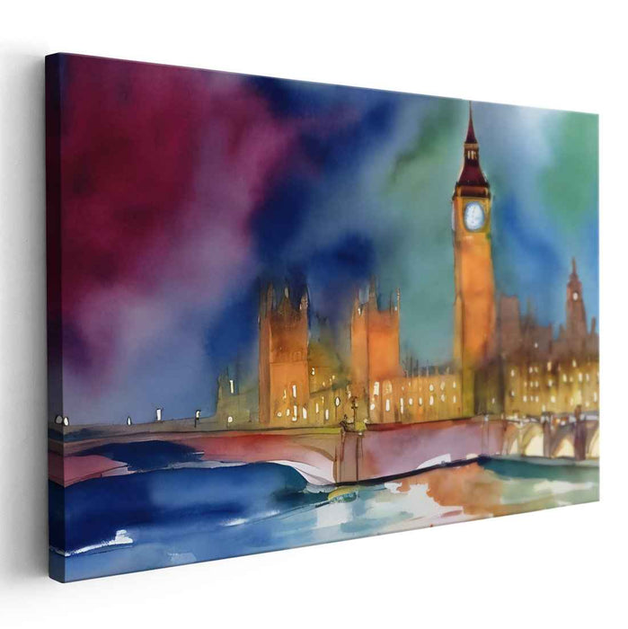 Ink Drenched London Lights Dance: Watercolor Skyline of Big Ben and Parliament at Night