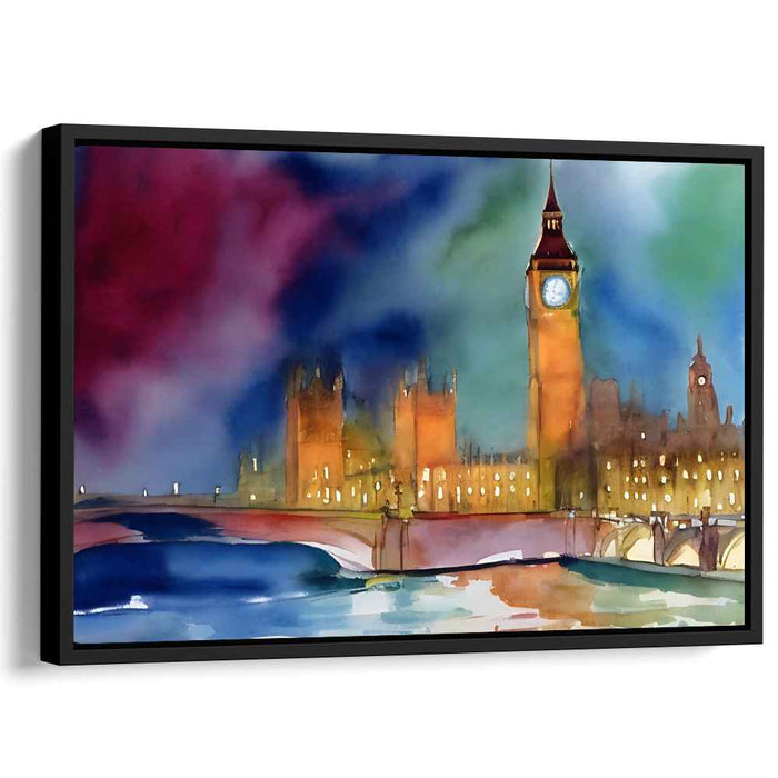Ink Drenched London Lights Dance: Watercolor Skyline of Big Ben and Parliament at Night