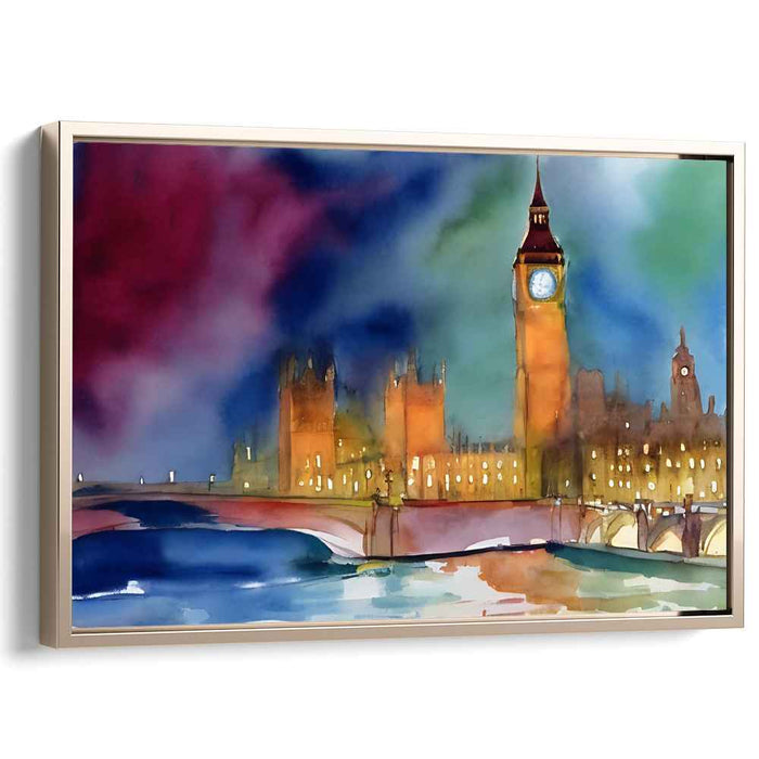Ink Drenched London Lights Dance: Watercolor Skyline of Big Ben and Parliament at Night