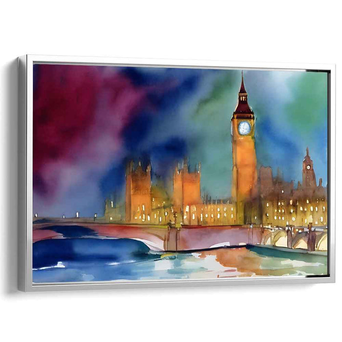 Ink Drenched London Lights Dance: Watercolor Skyline of Big Ben and Parliament at Night