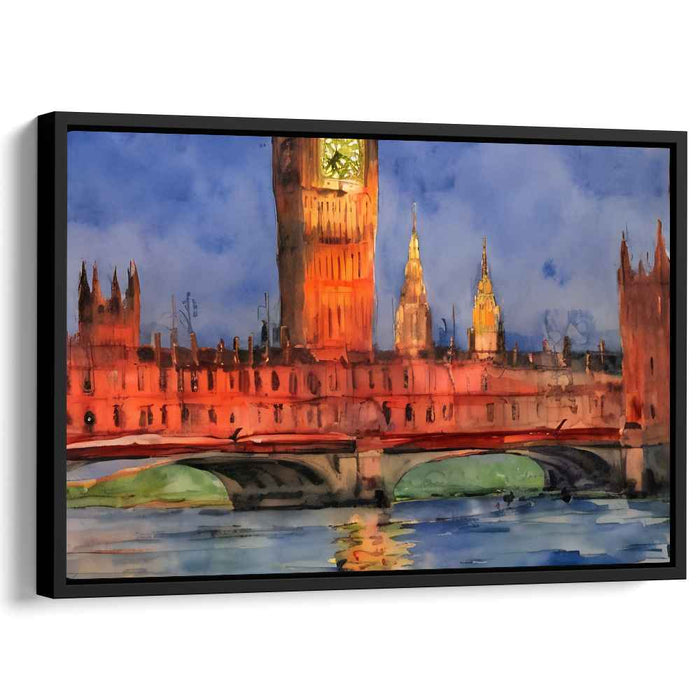 Twilight Glow Over Westminster: Impressionist Watercolor of London's Iconic Parliament