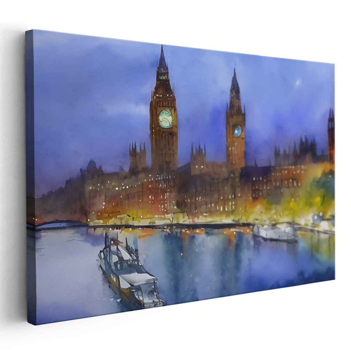 Mystical London Evening: Watercolor View of Big Ben and Parliament