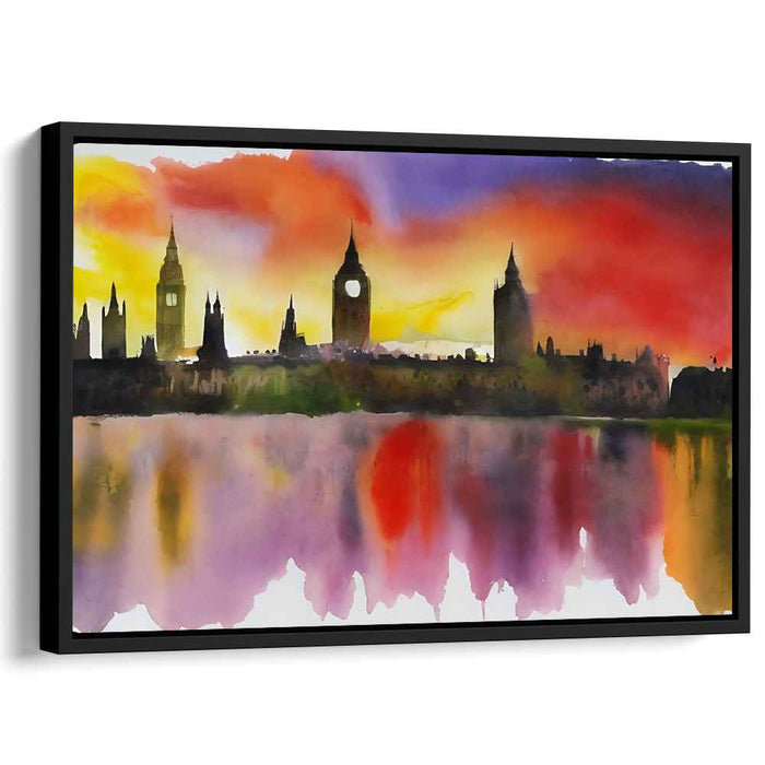 London's Sunset Silhouette: Watercolor Impression of Iconic Skyline
