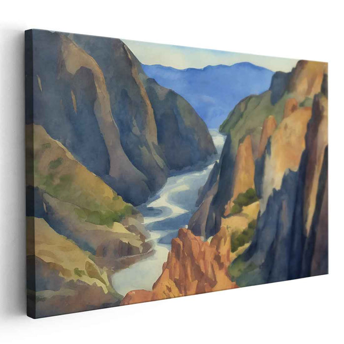 Majestic Heights Serenade: Serene River and Towering Cliffs Landscape Art Print