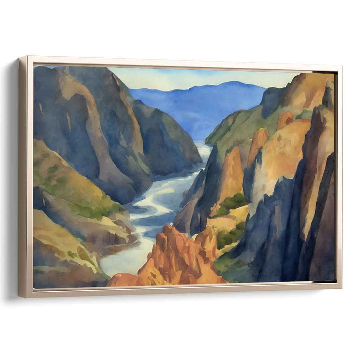 Majestic Heights Serenade: Serene River and Towering Cliffs Landscape Art Print