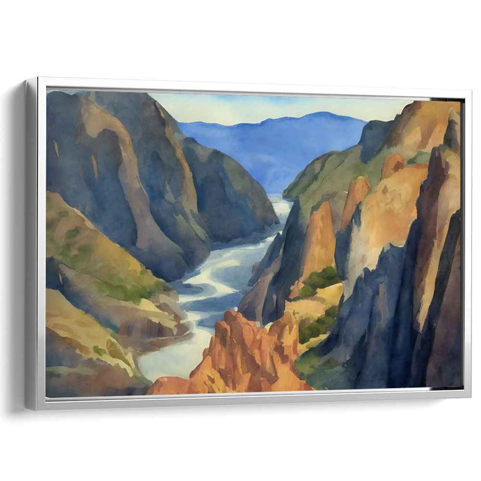 Majestic Heights Serenade: Serene River and Towering Cliffs Landscape Art Print