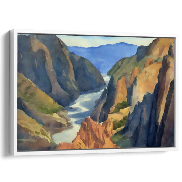 Majestic Heights Serenade: Serene River and Towering Cliffs Landscape Art Print