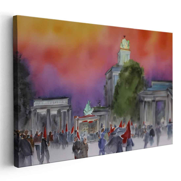 Fiery Skies Over Brandenburg: Expressionist-Inspired Watercolor Cityscape