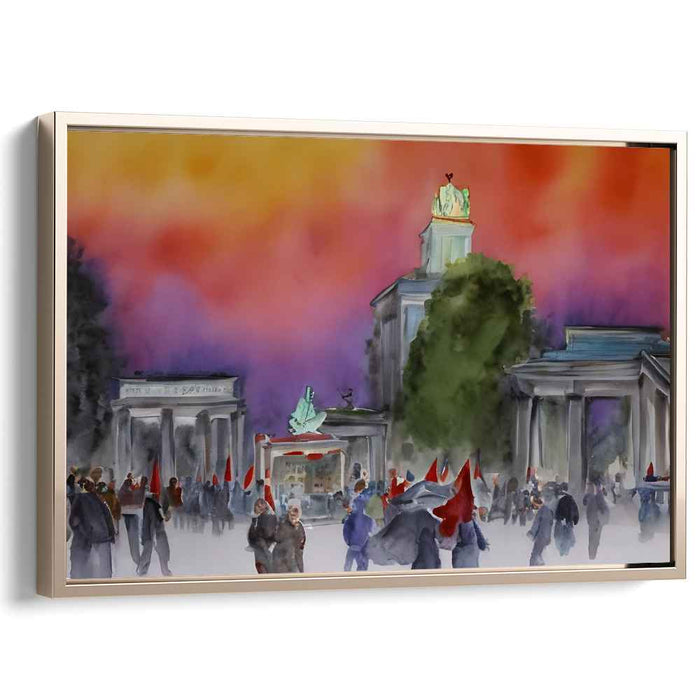 Fiery Skies Over Brandenburg: Expressionist-Inspired Watercolor Cityscape