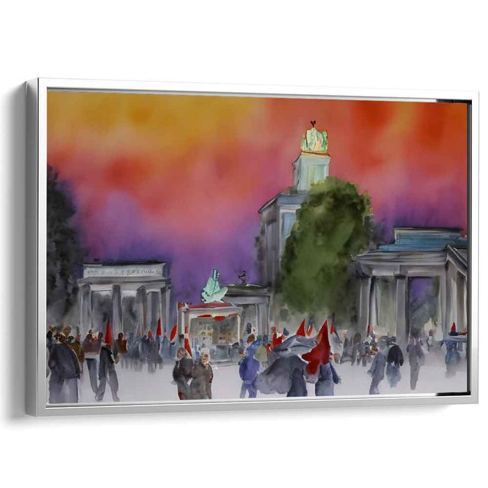 Fiery Skies Over Brandenburg: Expressionist-Inspired Watercolor Cityscape
