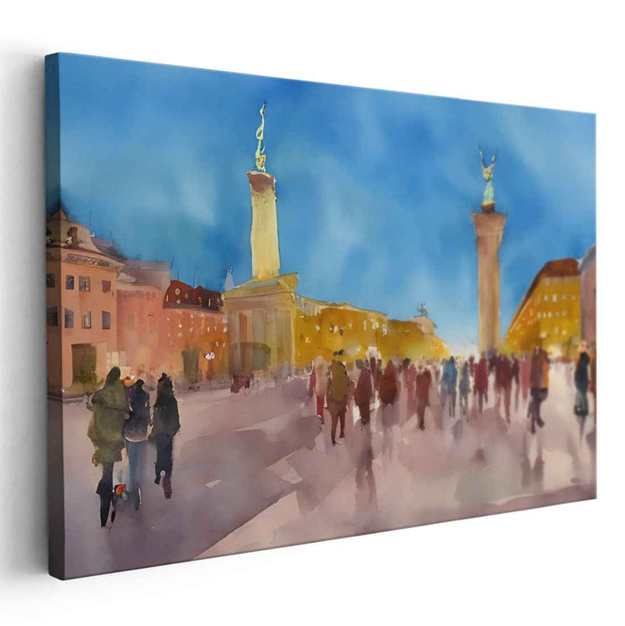 Twilight in the City Square: A Watercolor Impression
