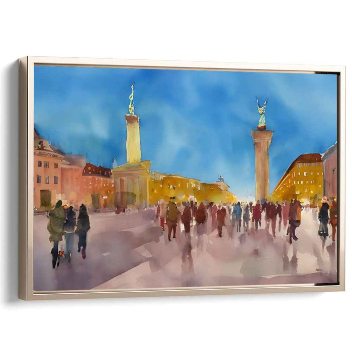 Twilight in the City Square: A Watercolor Impression