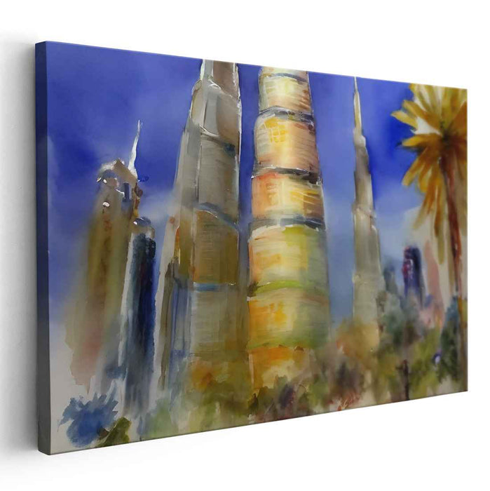 Pastel Cityscape Reverie: Impressionist Watercolor Skyline Canvas Art