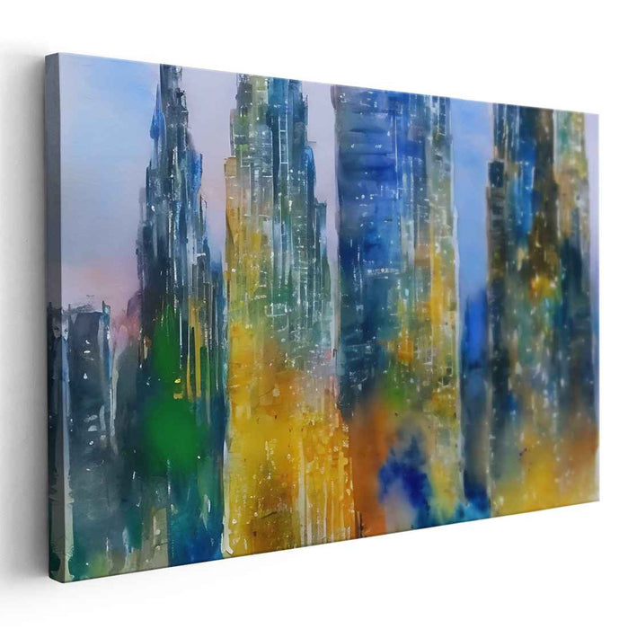 Urban Hues Symphony: Vibrant Cityscape in Blues and Yellows