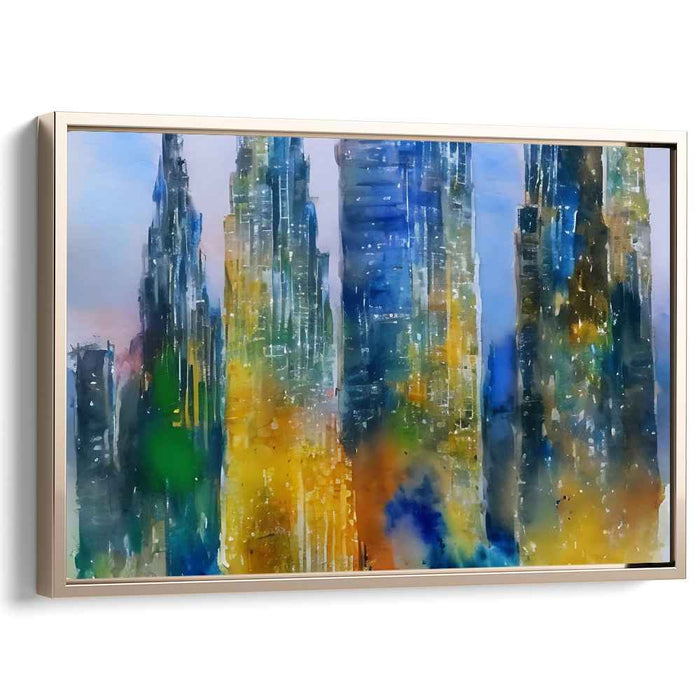 Urban Hues Symphony: Vibrant Cityscape in Blues and Yellows