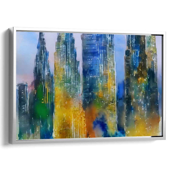 Urban Hues Symphony: Vibrant Cityscape in Blues and Yellows