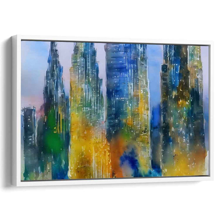 Urban Hues Symphony: Vibrant Cityscape in Blues and Yellows