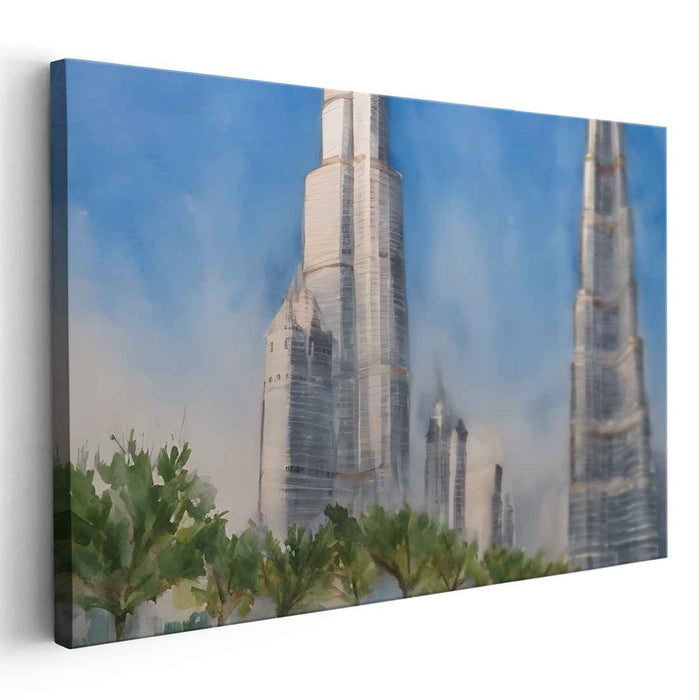 Urban Fog Rises: Misty Morning Skyscrapers Canvas Art Print