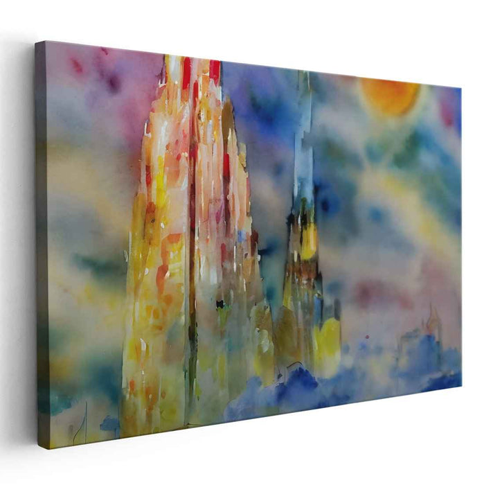 Urban Mirage Splash: Vibrant Watercolor Skyscrapers