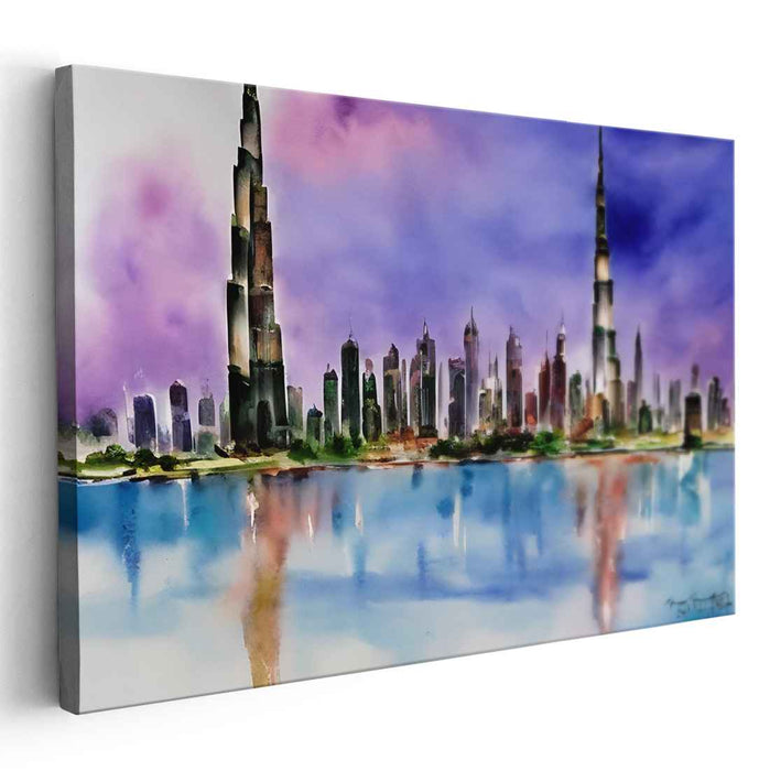 Reflections of Urban Splendor: Watercolor Cityscape with Majestic Skyscrapers