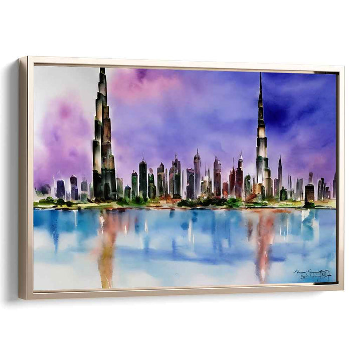 Reflections of Urban Splendor: Watercolor Cityscape with Majestic Skyscrapers