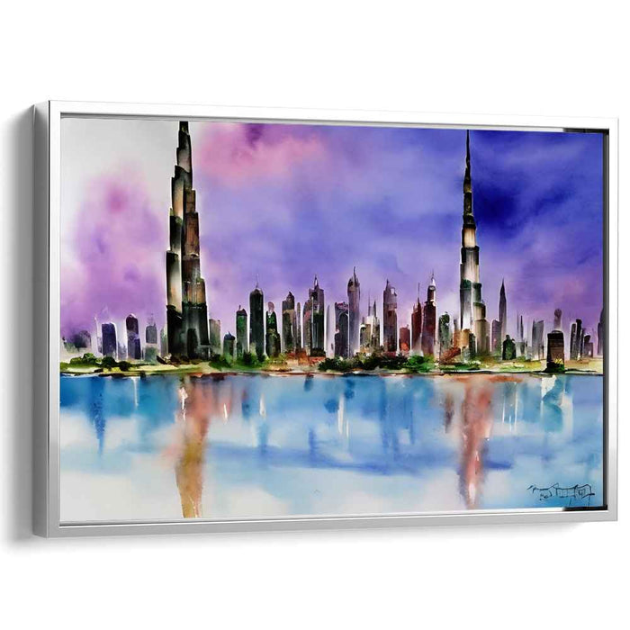 Reflections of Urban Splendor: Watercolor Cityscape with Majestic Skyscrapers