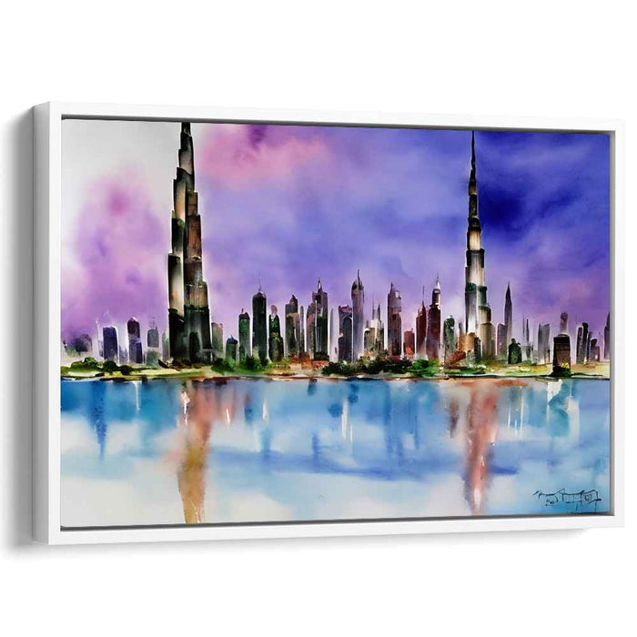 Reflections of Urban Splendor: Watercolor Cityscape with Majestic Skyscrapers