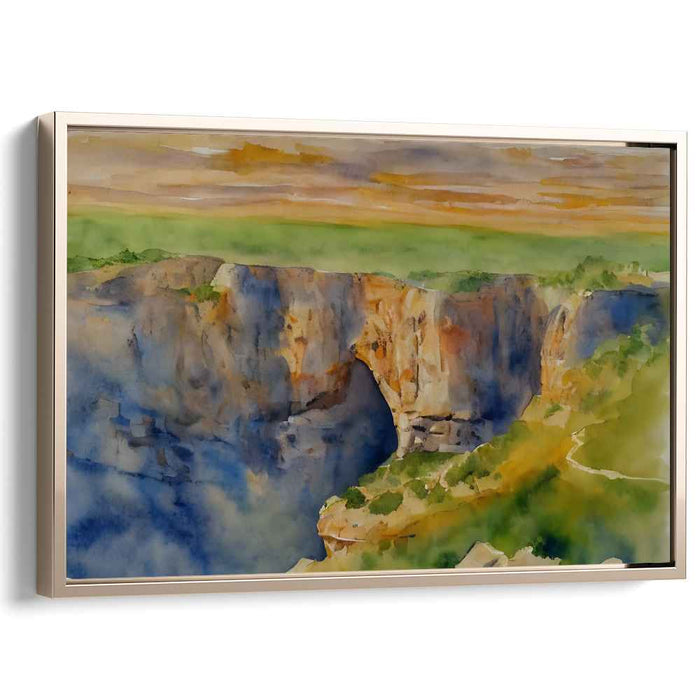 Sunset Over Cliffside Arch: Serene Watercolor Landscape