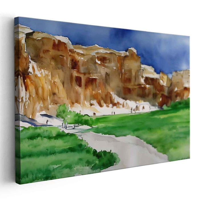 Sunlit Cliffs and Verdant Fields: Watercolor Landscape Masterpiece