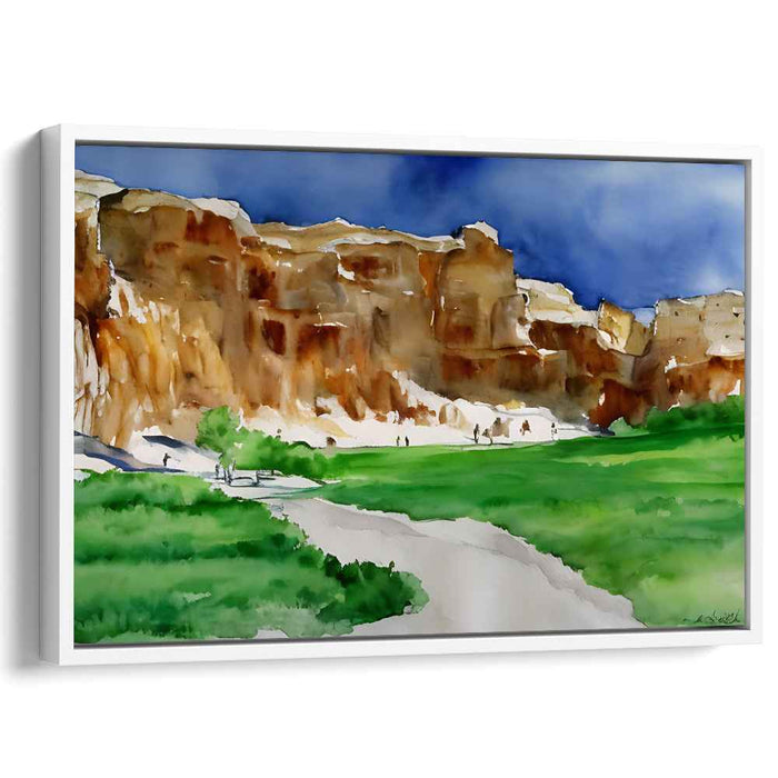 Sunlit Cliffs and Verdant Fields: Watercolor Landscape Masterpiece