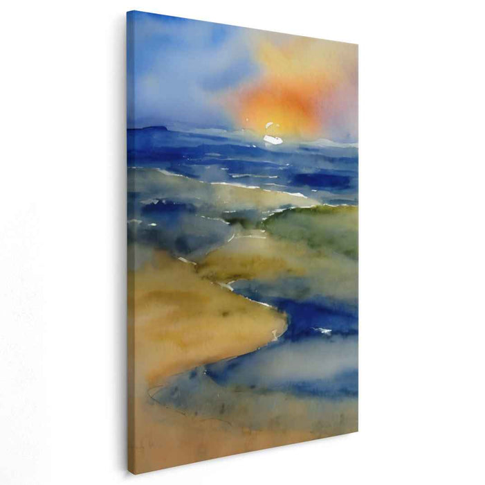 Serene Waters Reflection: Tranquil Seascape Watercolor Canvas Art Print