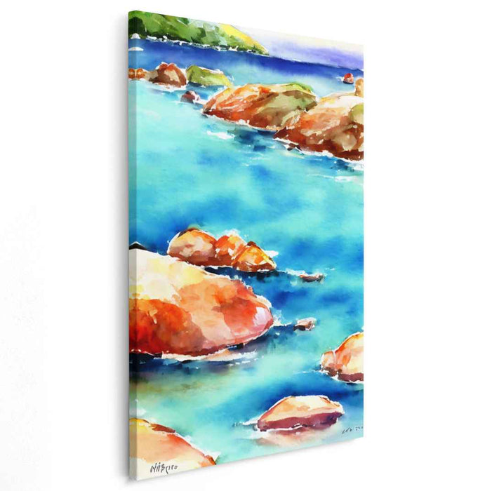 Azure Waterscape: Coastal Rocks and Clear Blue Seas Watercolor Canvas Art
