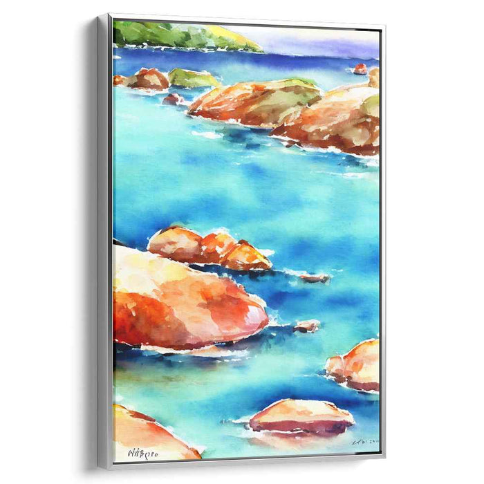 Azure Waterscape: Coastal Rocks and Clear Blue Seas Watercolor Canvas Art