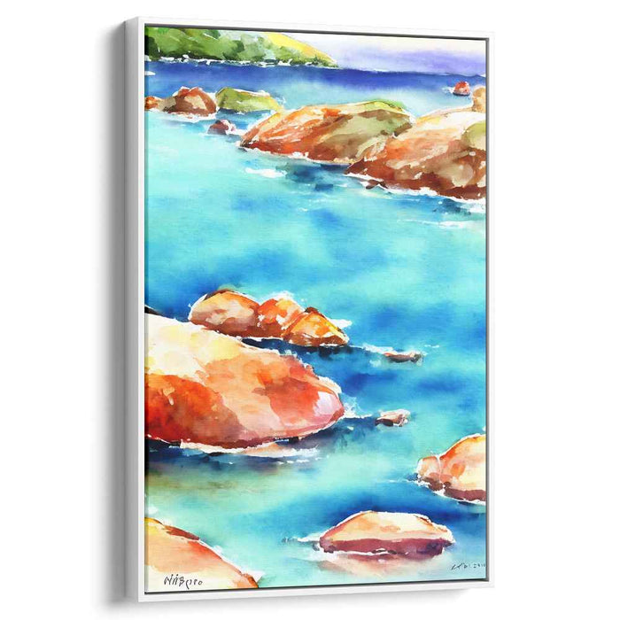 Azure Waterscape: Coastal Rocks and Clear Blue Seas Watercolor Canvas Art