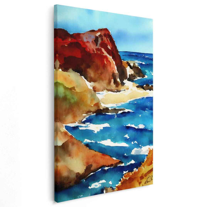 Coastal Color Scape: Watercolor Cliffside and Ocean Canvas Art Print