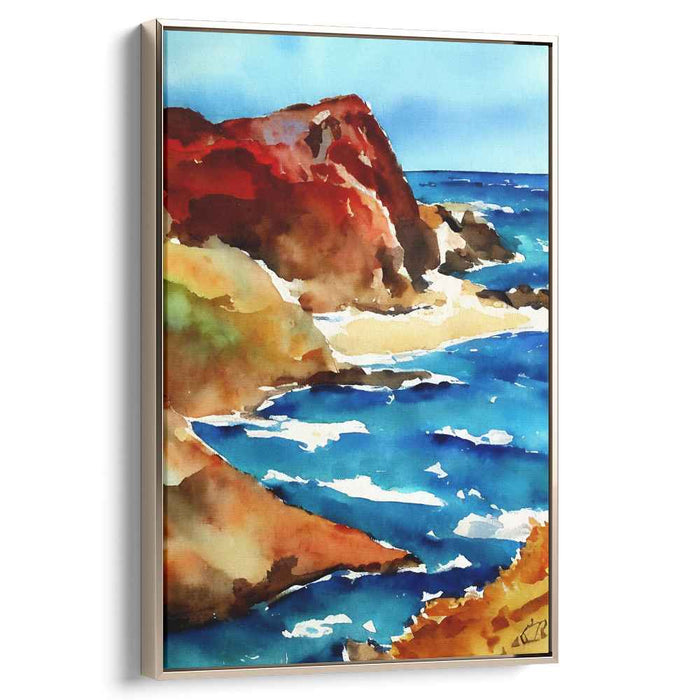Coastal Color Scape: Watercolor Cliffside and Ocean Canvas Art Print