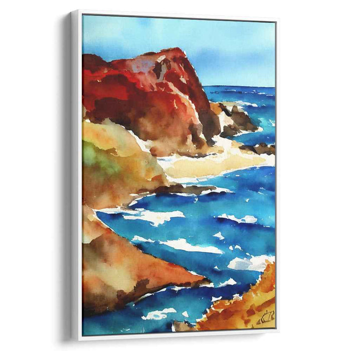 Coastal Color Scape: Watercolor Cliffside and Ocean Canvas Art Print