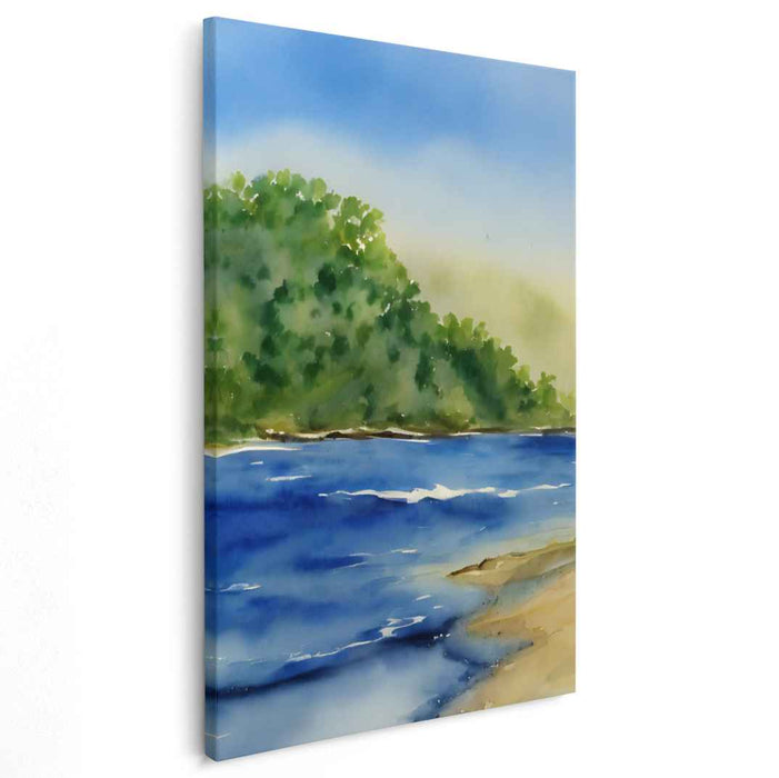 Serenity's Sway: Lush Hills and Serene Waters Watercolor Painting