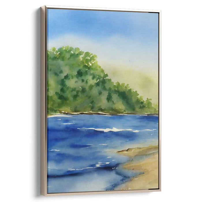 Serenity's Sway: Lush Hills and Serene Waters Watercolor Painting