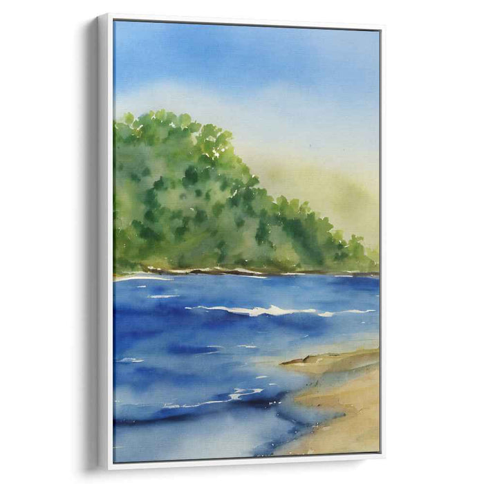 Serenity's Sway: Lush Hills and Serene Waters Watercolor Painting