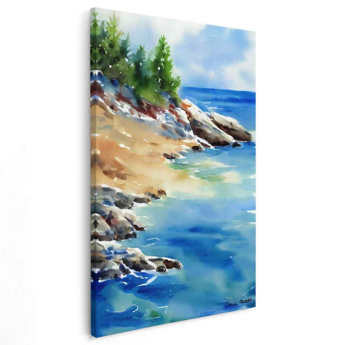 Serene Seaside Escape: Impressionist Coastal Landscape Watercolor Painting