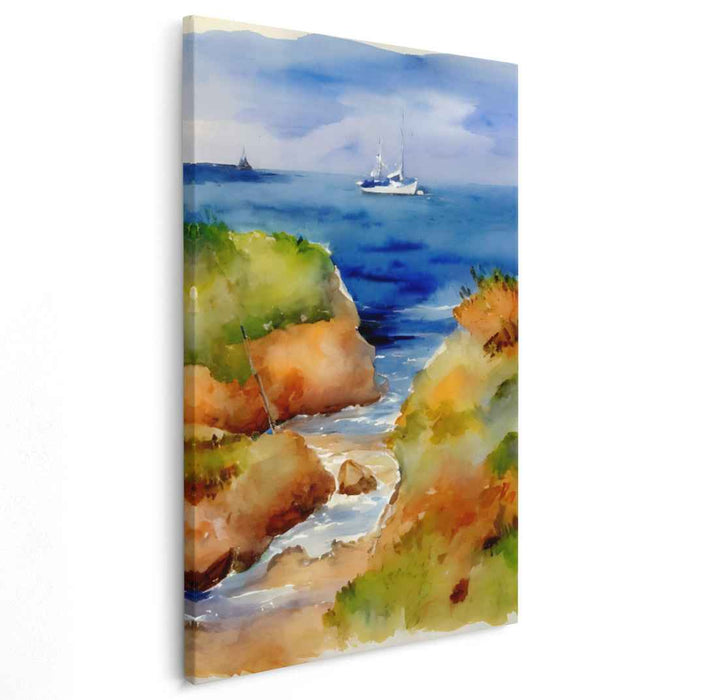 Tranquil Cove: Serene Coastal Watercolor Landscape